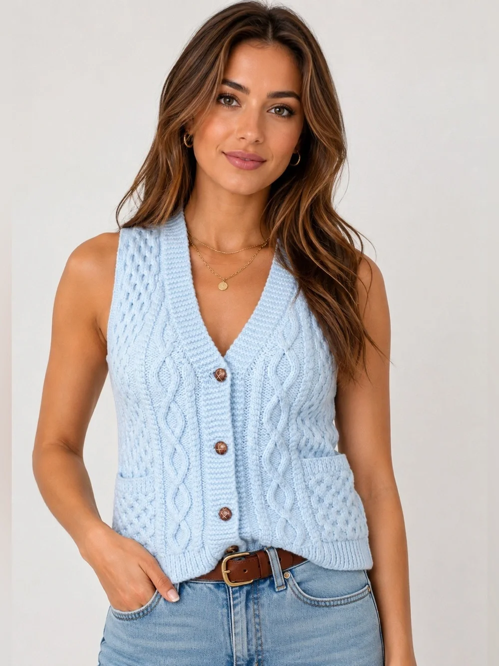 Baby Blue Chunky Hand Knit Vest 1970s Size Small